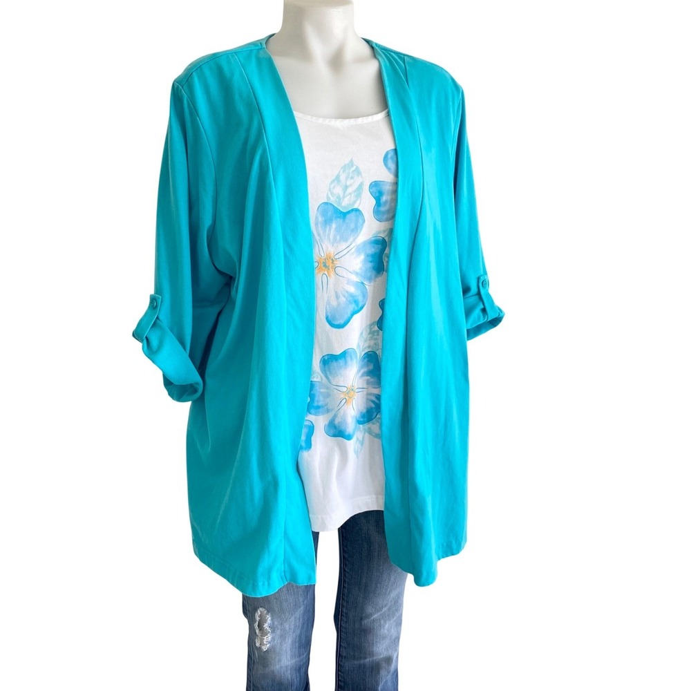 Blair Womens Turquoise Open Front Cardigan & Floral Tank Top Twin Set Cotton L